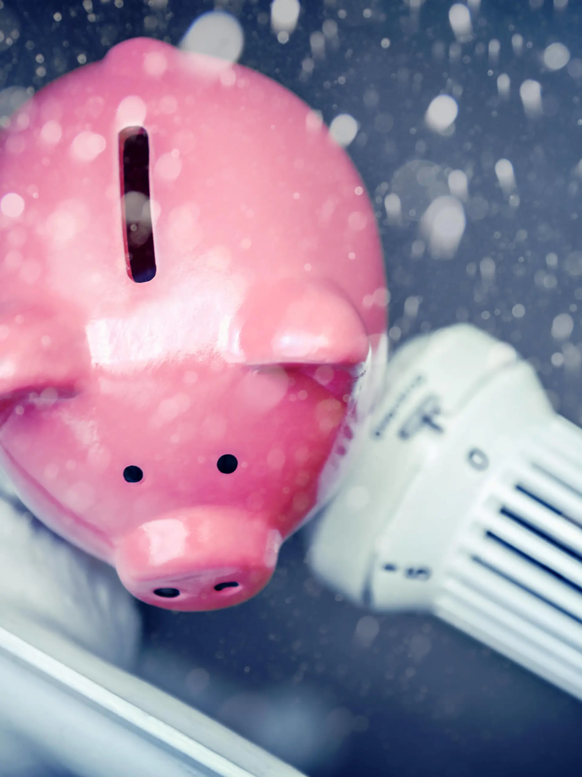  FOTOMONTAGE, Sparschwein auf Heizung bei Schneefall, Symbolfoto Energiesparen und steigende Heizkosten *** PHOTOMONTAGE, piggy bank on heater during snowfall, symbol photo energy saving and increasing heating costs.