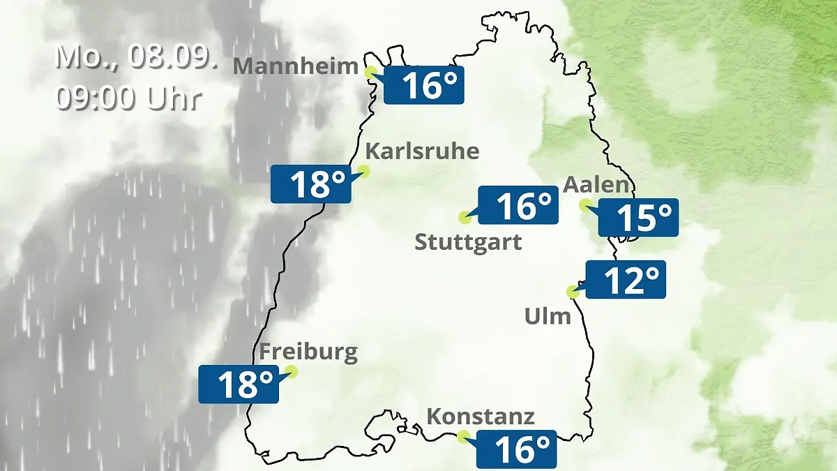 Baden-Württemberg: Wie wird das Wetter? Regen- und Wolkenfilm für Stuttgart, Mannheim und Karlsruhe