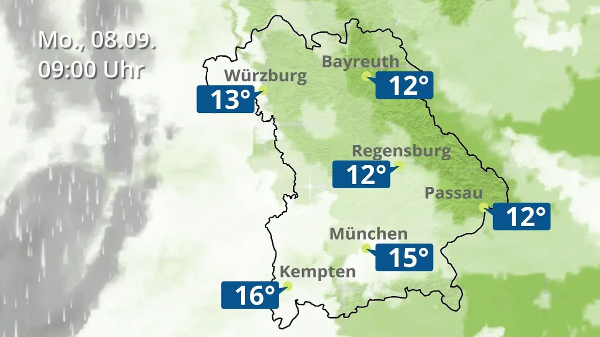 Bayern: Wie wird das Wetter? Regen- und Wolkenfilm für München, Regensburg und Würzburg
