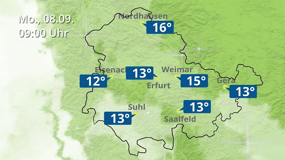 Thüringen: Wie wird das Wetter? Regen- und Wolkenfilm für Erfurt, Gera und Eisenach