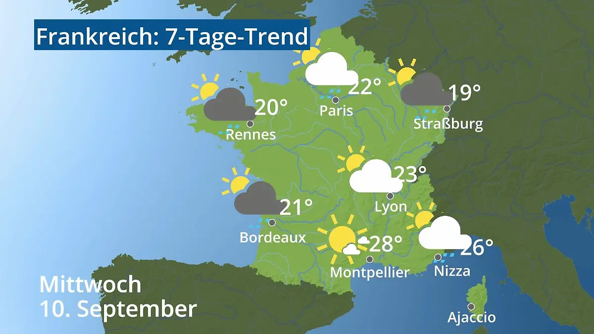 Frankreich: Wie wird das Wetter? Video 7-Tage-Trend: Paris, Straßburg, Nizza, Korsika