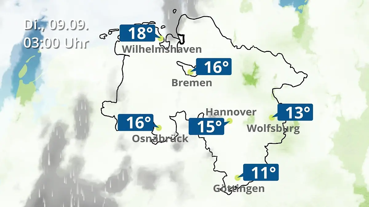 Bremen und Niedersachsen: Wie wird das Wetter? Regen- und Wolkenfilm für Hannover, Osnabrück und Wolfsburg