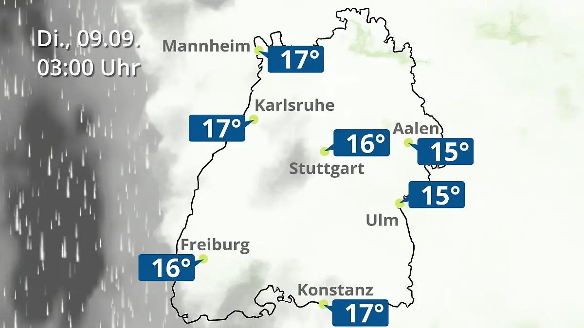 Baden-Württemberg: Wie wird das Wetter? Regen- und Wolkenfilm für Stuttgart, Mannheim und Karlsruhe