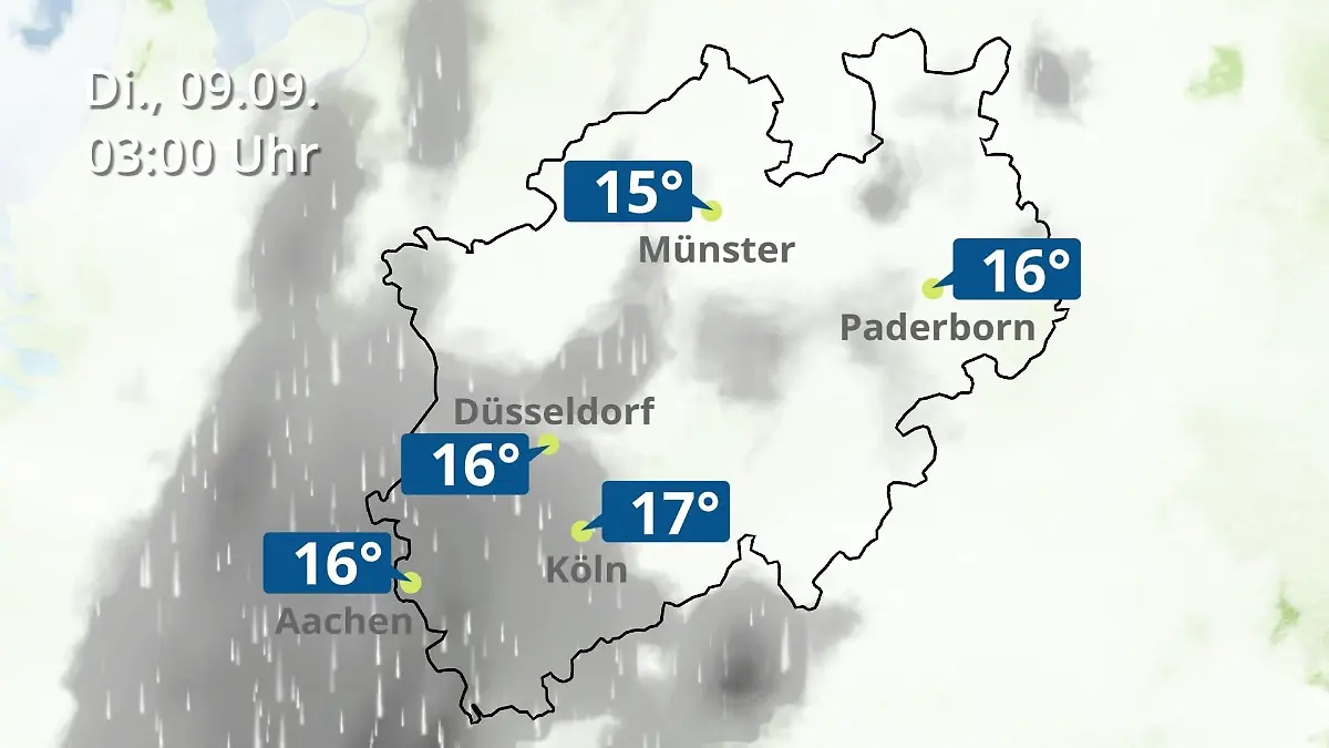 Nordrhein-Westfalen: Wie wird das Wetter? Regen- und Wolkenfilm für Köln, Düsseldorf und Münster