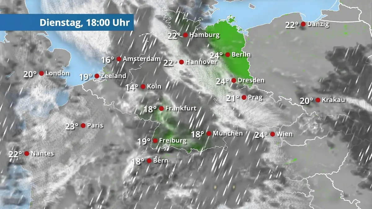 Regen breitet sich von Westen aus Der Regen- und Wolkenfilm für 48 Stunden