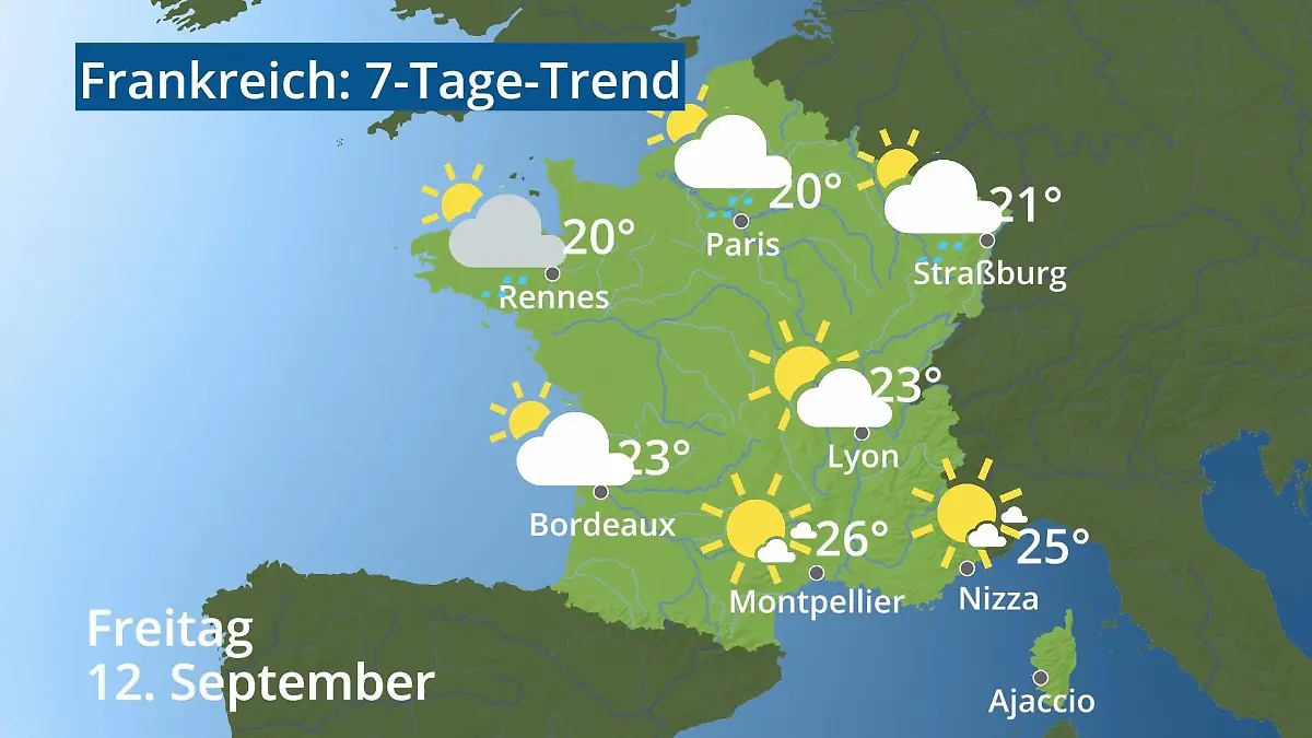 Frankreich: Wie wird das Wetter? Video 7-Tage-Trend: Paris, Straßburg, Nizza, Korsika