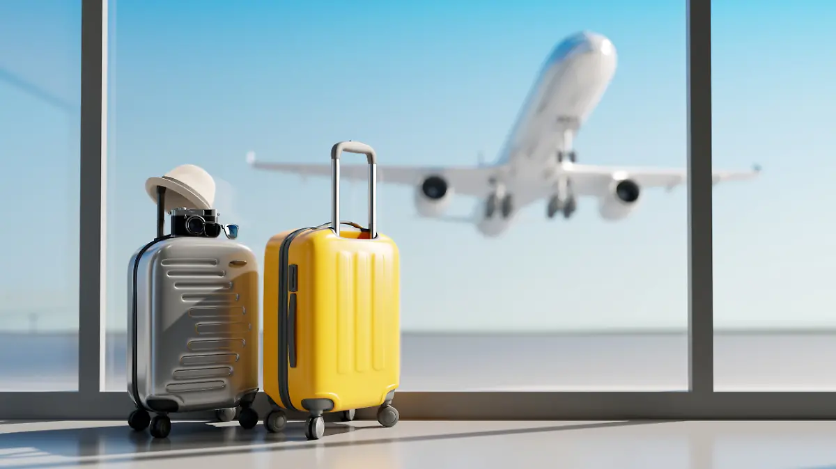 Koffer im Flughafen. Reisekonzept. 3D-Rendering