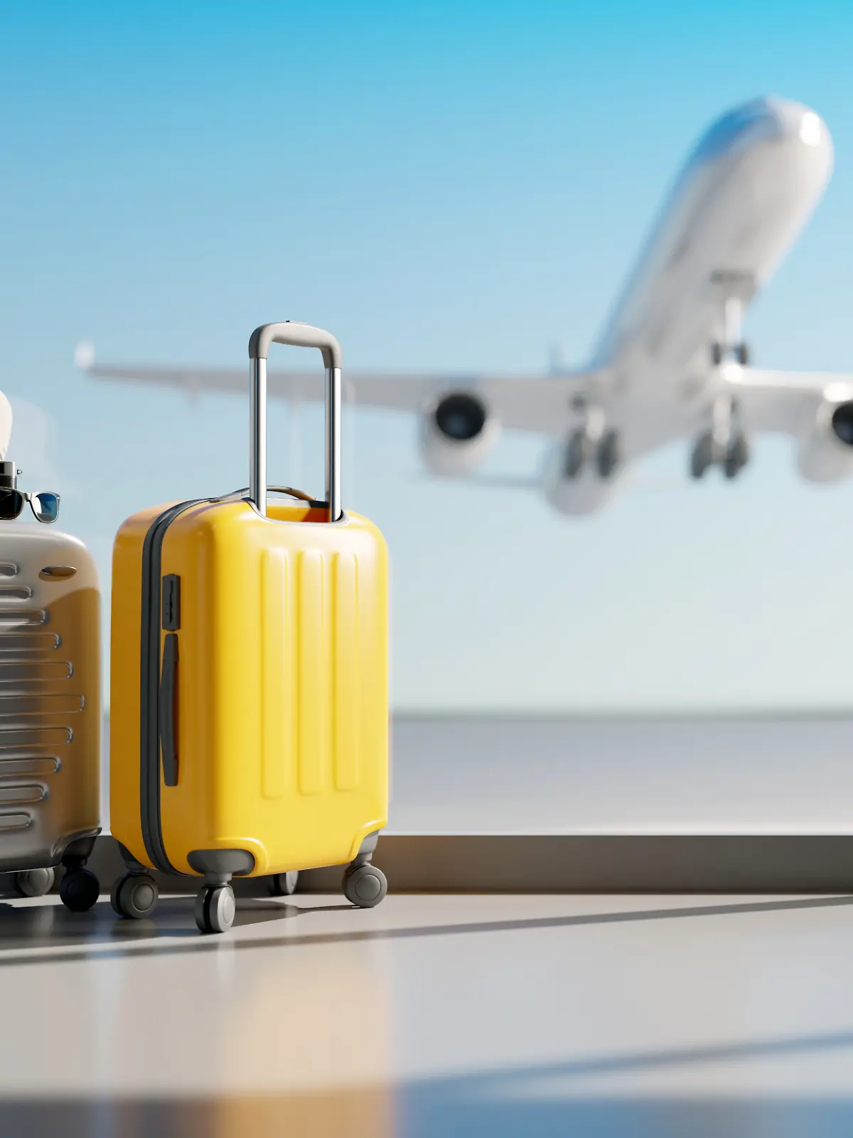 Koffer im Flughafen. Reisekonzept. 3D-Rendering