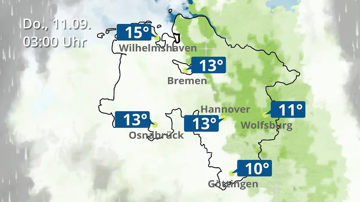 Bremen und Niedersachsen: Wie wird das Wetter? Regen- und Wolkenfilm für Hannover, Osnabrück und Wolfsburg