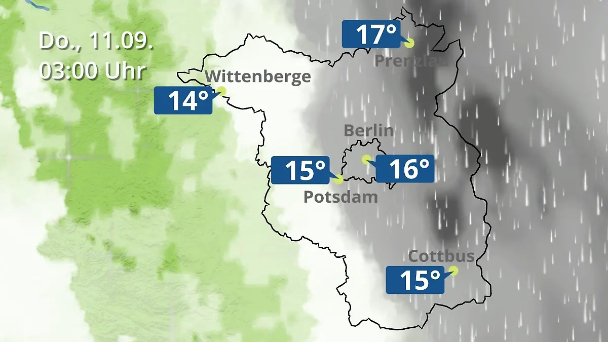 Berlin und Brandenburg: Wie wird das Wetter? Regen- und Wolkenfilm für Potsdam, Cottbus und Wittenberge