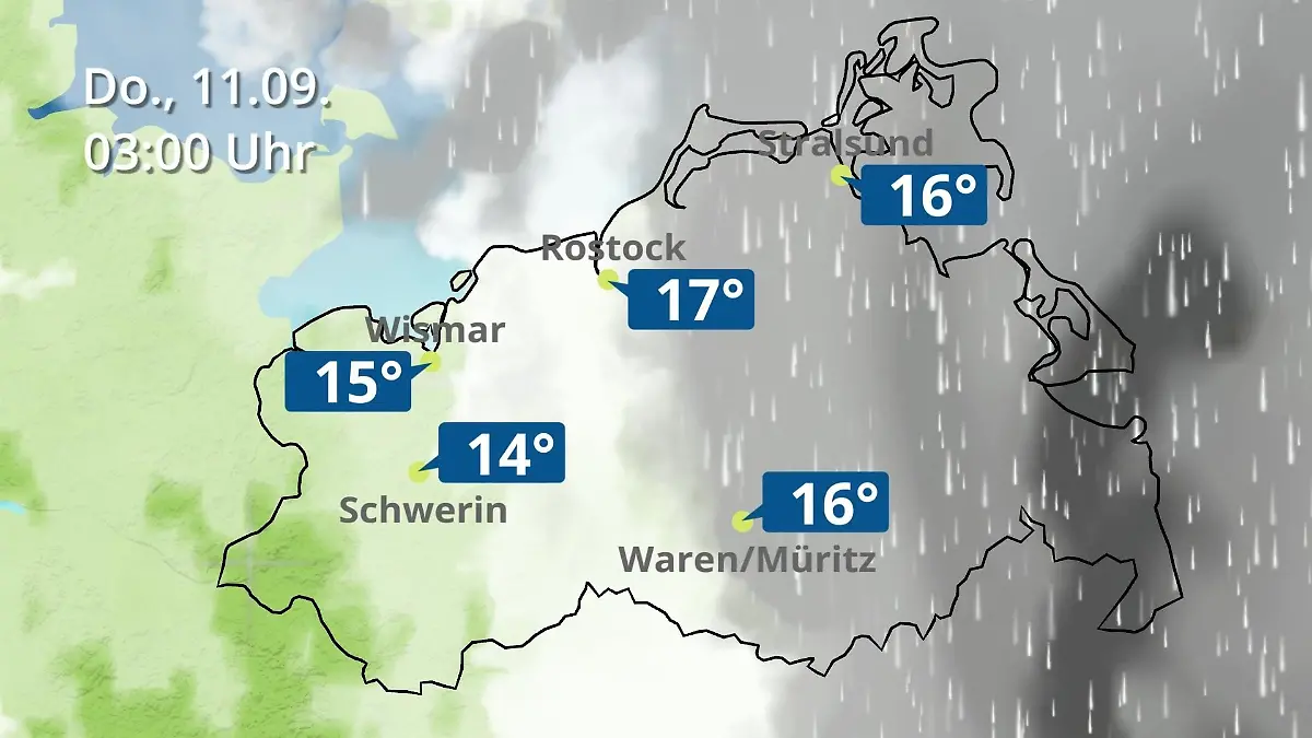 Mecklenburg-Vorpommern: Wie wird das Wetter? Regen- und Wolkenfilm für Rostock, Rügen und die Ostseeküste