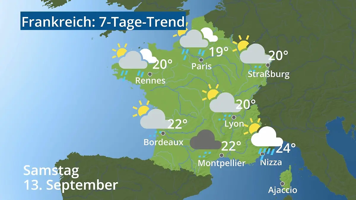 Frankreich: Wie wird das Wetter? Video 7-Tage-Trend: Paris, Straßburg, Nizza, Korsika