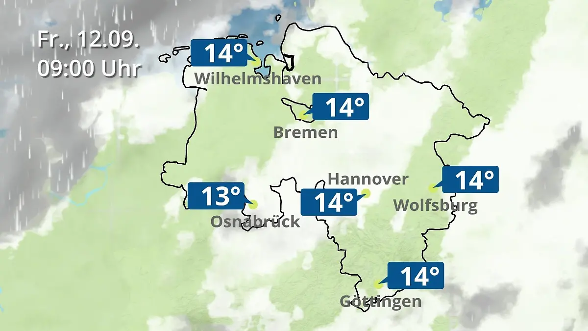 Bremen und Niedersachsen: Wie wird das Wetter? Regen- und Wolkenfilm für Hannover, Osnabrück und Wolfsburg