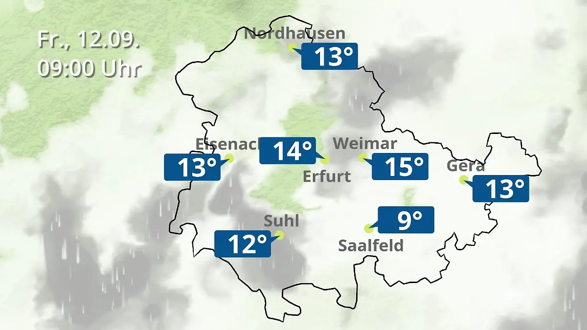 Thüringen: Wie wird das Wetter? Regen- und Wolkenfilm für Erfurt, Gera und Eisenach