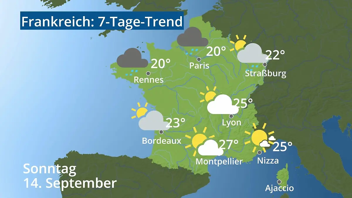 Frankreich: Wie wird das Wetter? Video 7-Tage-Trend: Paris, Straßburg, Nizza, Korsika
