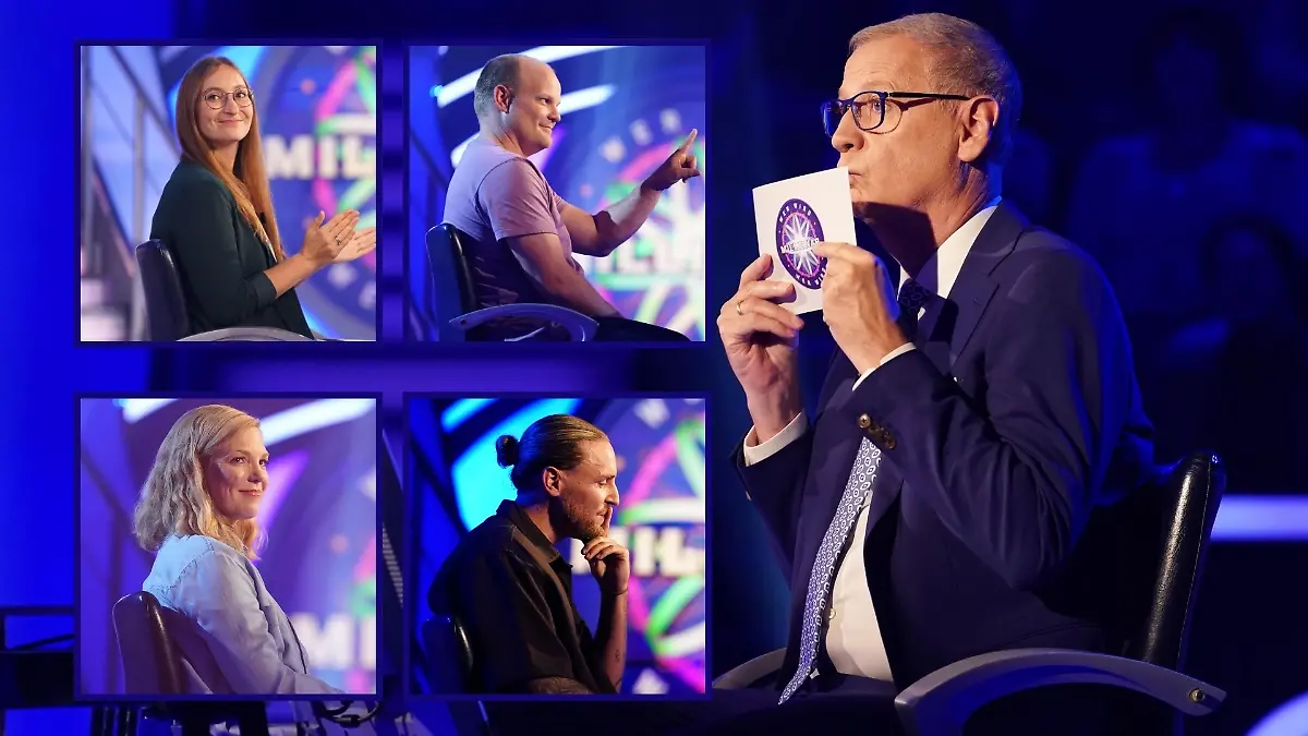 Günther Jauch mit seinen Kandidaten Sophia Schneider, Michael Reinhardt, Carolin Klinkenberg und Dominik Brust (v.l.o.n.r.u.)