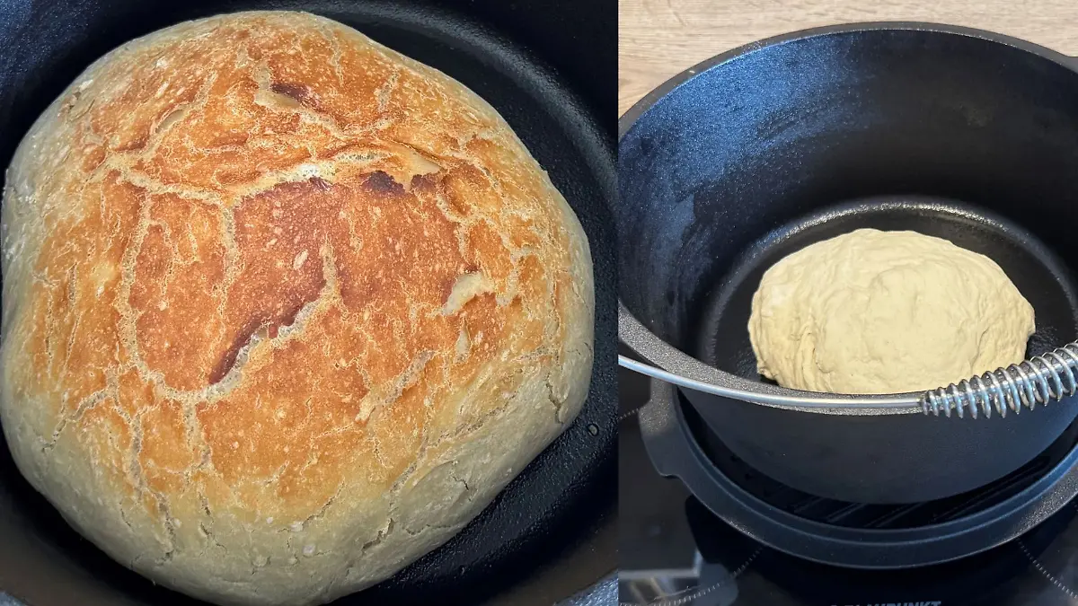 Dutch Oven mit fertig gebackenen Brot auf dem Herd 