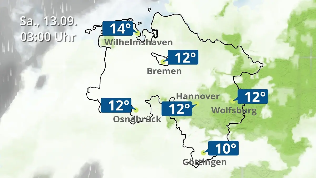 Bremen und Niedersachsen: Wie wird das Wetter? Regen- und Wolkenfilm für Hannover, Osnabrück und Wolfsburg