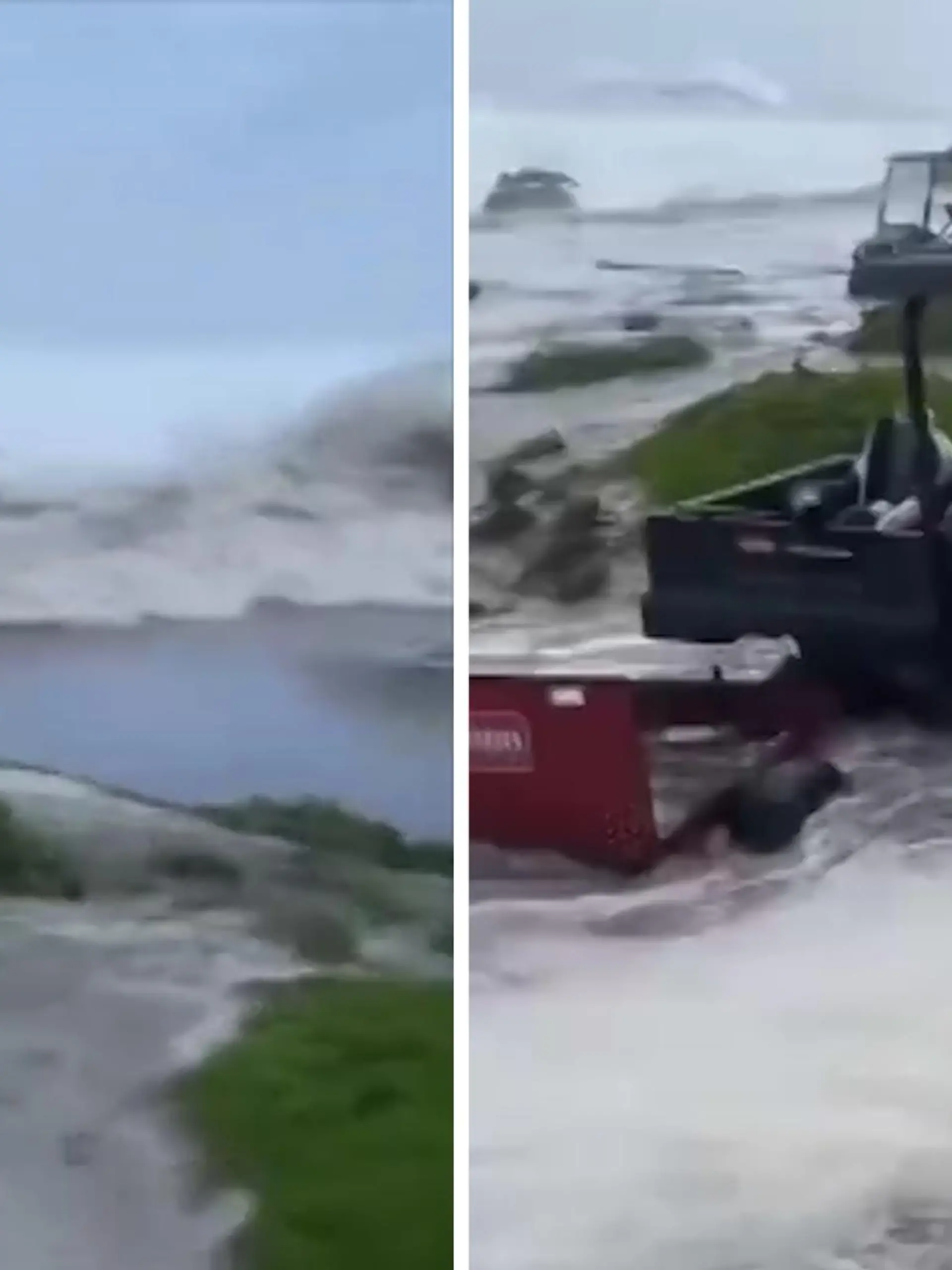 Dieser Golfausflug im Kalifornischen Monterey ist buchstäblich ins Wasser gefallen – denn hier ist das Wasser mehr, als nur ein kleines Hindernis an Loch sechs. Eine gigantische Flutwelle begräbt einen Großteil des Golfplatzes unter sich – und mit ihm die Golfcarts.