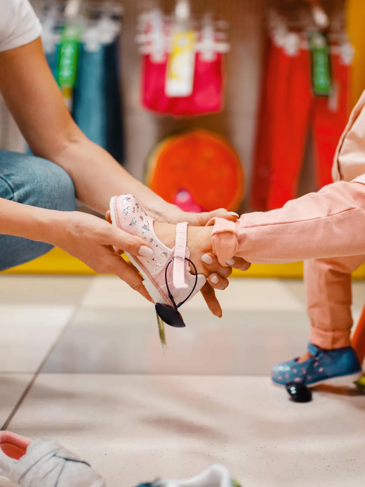 Mother with girl choosing shoes in kids store