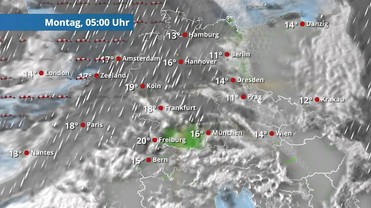 Das wird ein nasser und windiger Montag Der Regen- und Wolkenfilm für 48 Stunden