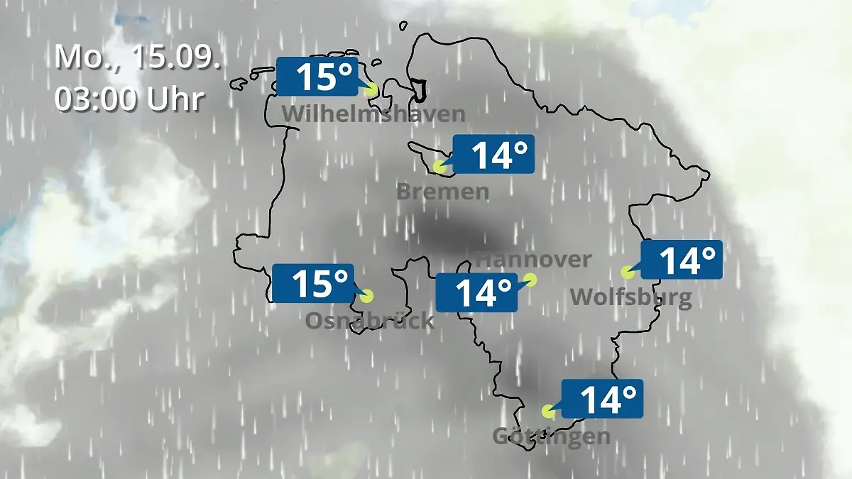 Bremen und Niedersachsen: Wie wird das Wetter? Regen- und Wolkenfilm für Hannover, Osnabrück und Wolfsburg