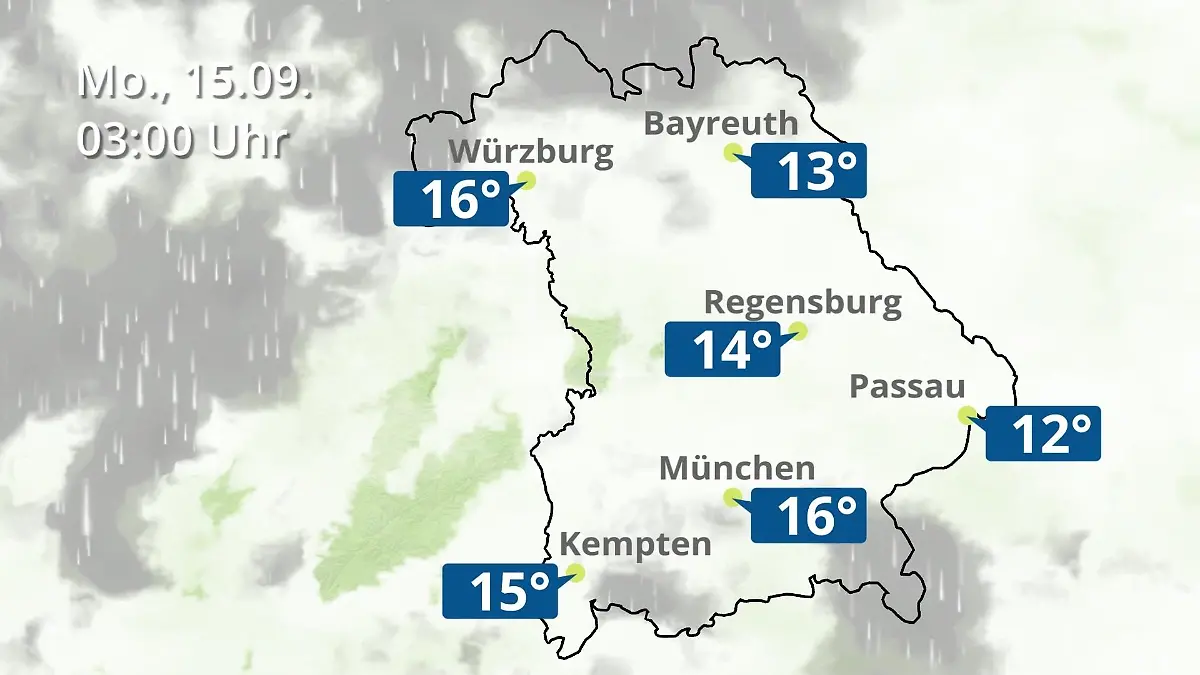 Bayern: Wie wird das Wetter? Regen- und Wolkenfilm für München, Regensburg und Würzburg