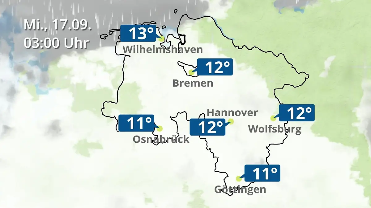 Bremen und Niedersachsen: Wie wird das Wetter? Regen- und Wolkenfilm für Hannover, Osnabrück und Wolfsburg