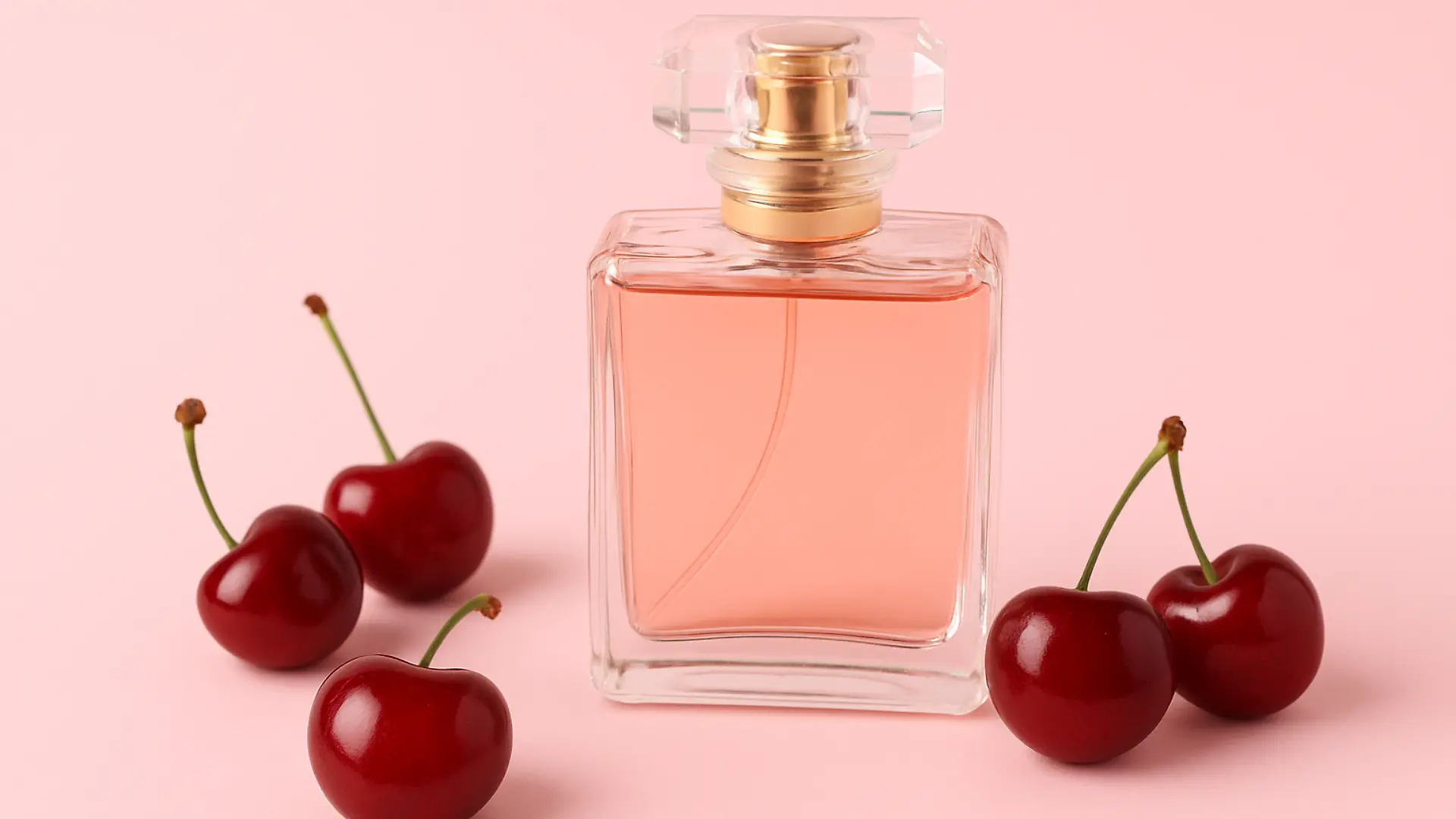 Parfum-Flakon umringt von Kirschen