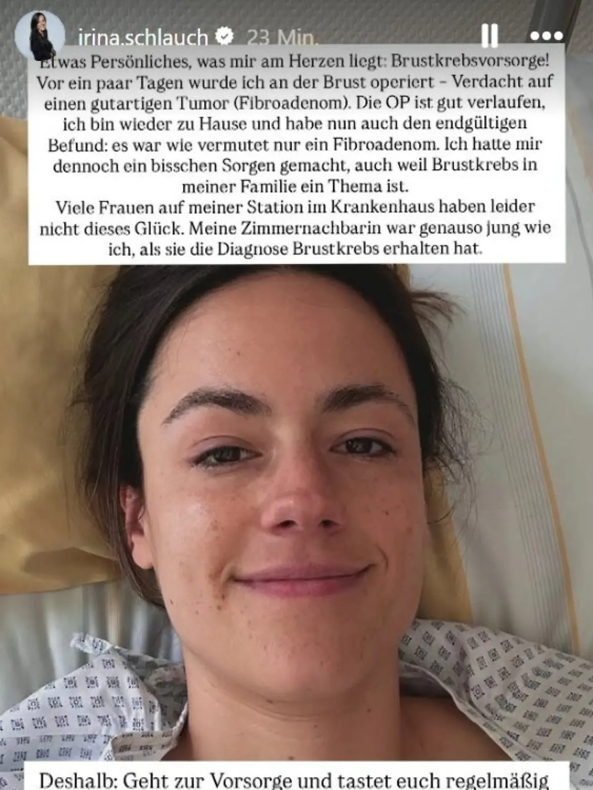 Am Mittwoch postet Irina Schlauch ein Foto von sich im Krankenhaus-Outfit.