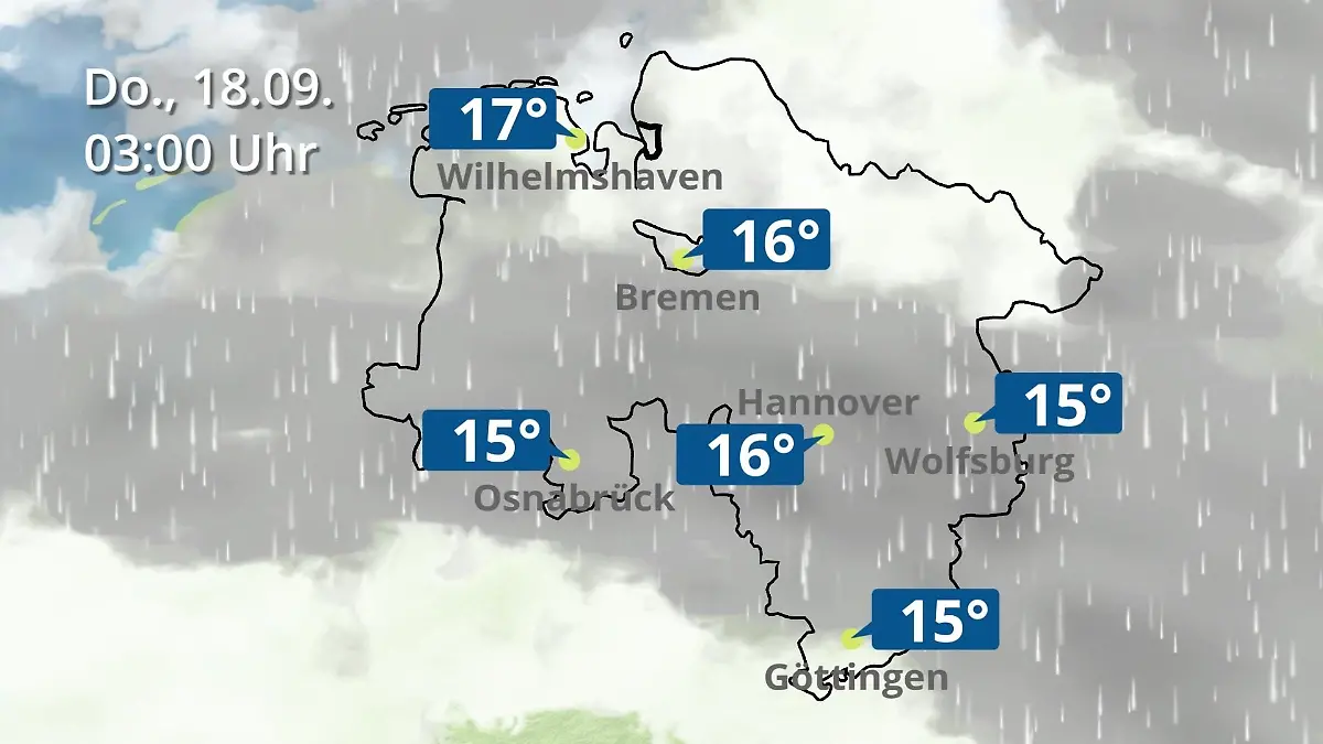 Bremen und Niedersachsen: Wie wird das Wetter? Regen- und Wolkenfilm für Hannover, Osnabrück und Wolfsburg