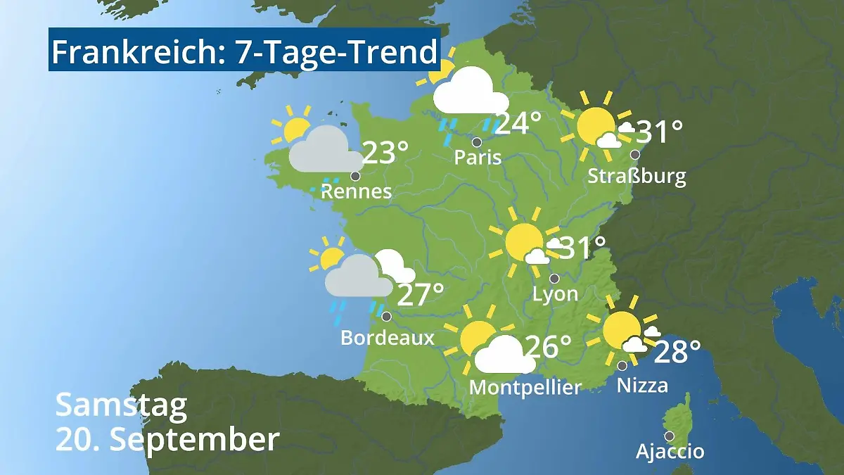 Frankreich: Wie wird das Wetter? Video 7-Tage-Trend: Paris, Straßburg, Nizza, Korsika