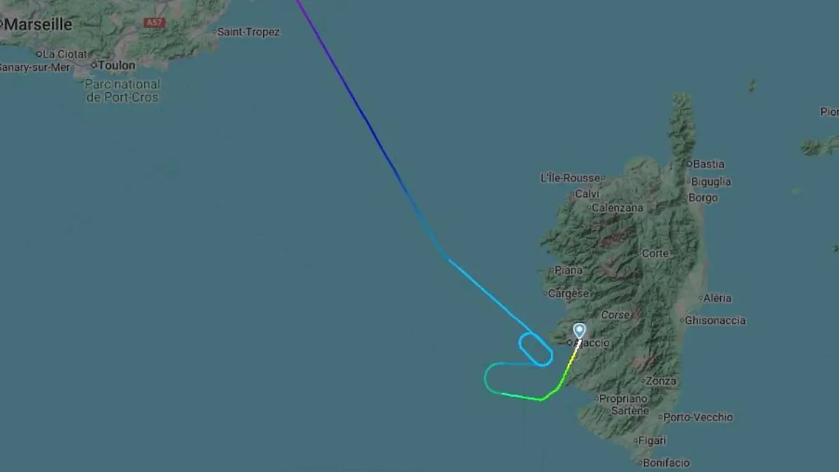 Auf der Flugbeobachtungsseite flightradar ist zu sehen, dass der Air-Corse-Airbus über dem Golf von Ajaccio kreisen musste