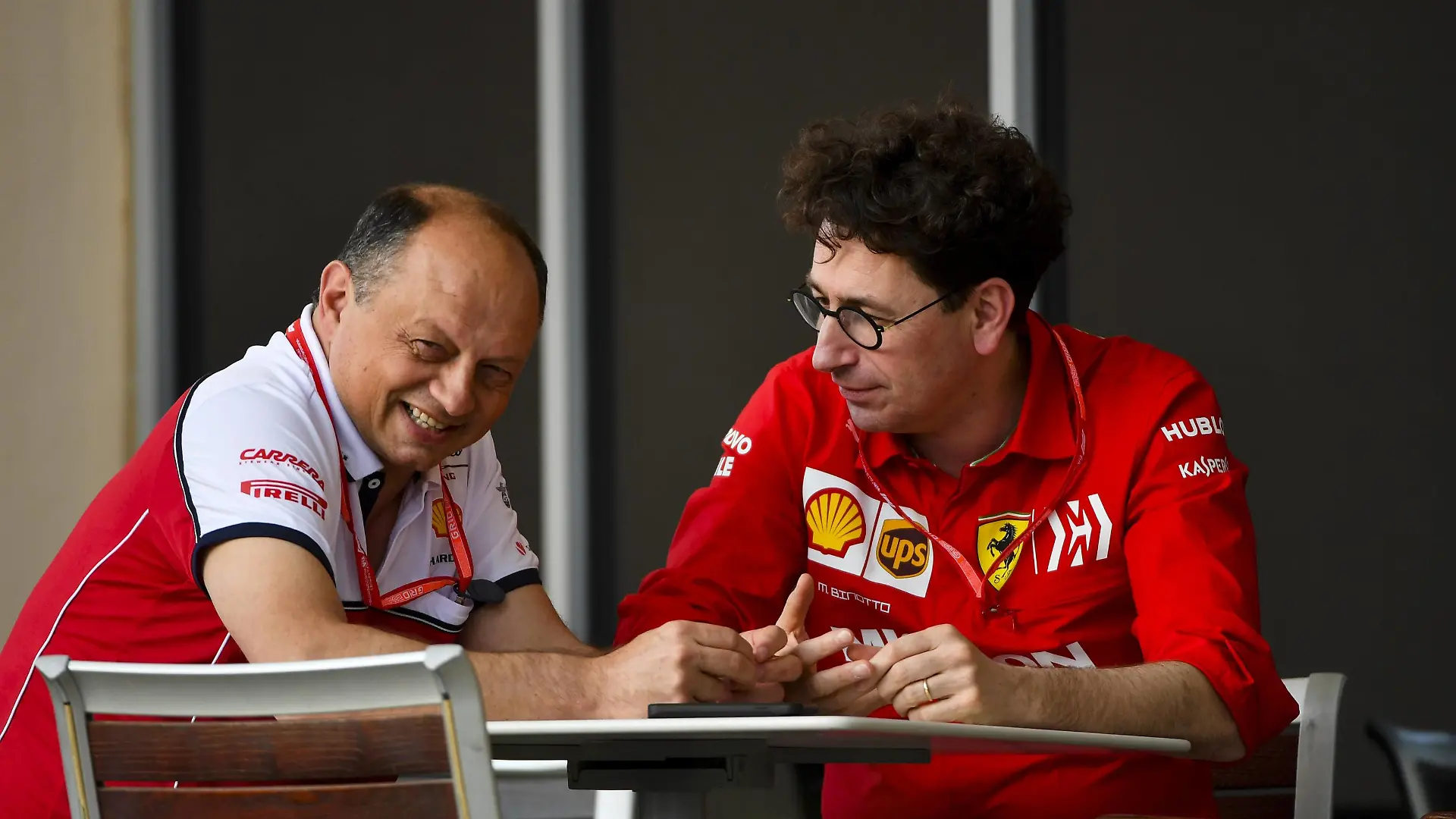 2019 Bahrain GP BAHRAIN INTERNATIONAL CIRCUIT, BAHRAIN - MARCH 28: Frederic Vasseur, Team Principal, Alfa Romeo Racing and Mattia Binotto, Team Principal Ferrari during the Bahrain GP at Bahrain International Circuit on March 28, 2019 in Bahrain International Circuit, Bahrain. (Photo by Mark Sutton / Sutton Images) Images) PUBLICATIONxINxGERxSUIxAUTxHUNxONLY MS2_3183