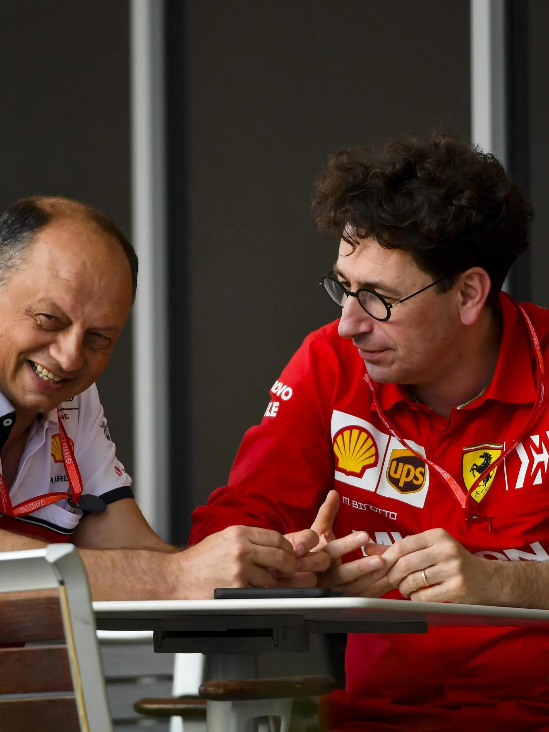 2019 Bahrain GP BAHRAIN INTERNATIONAL CIRCUIT, BAHRAIN - MARCH 28: Frederic Vasseur, Team Principal, Alfa Romeo Racing and Mattia Binotto, Team Principal Ferrari during the Bahrain GP at Bahrain International Circuit on March 28, 2019 in Bahrain International Circuit, Bahrain. (Photo by Mark Sutton / Sutton Images) Images) PUBLICATIONxINxGERxSUIxAUTxHUNxONLY MS2_3183  