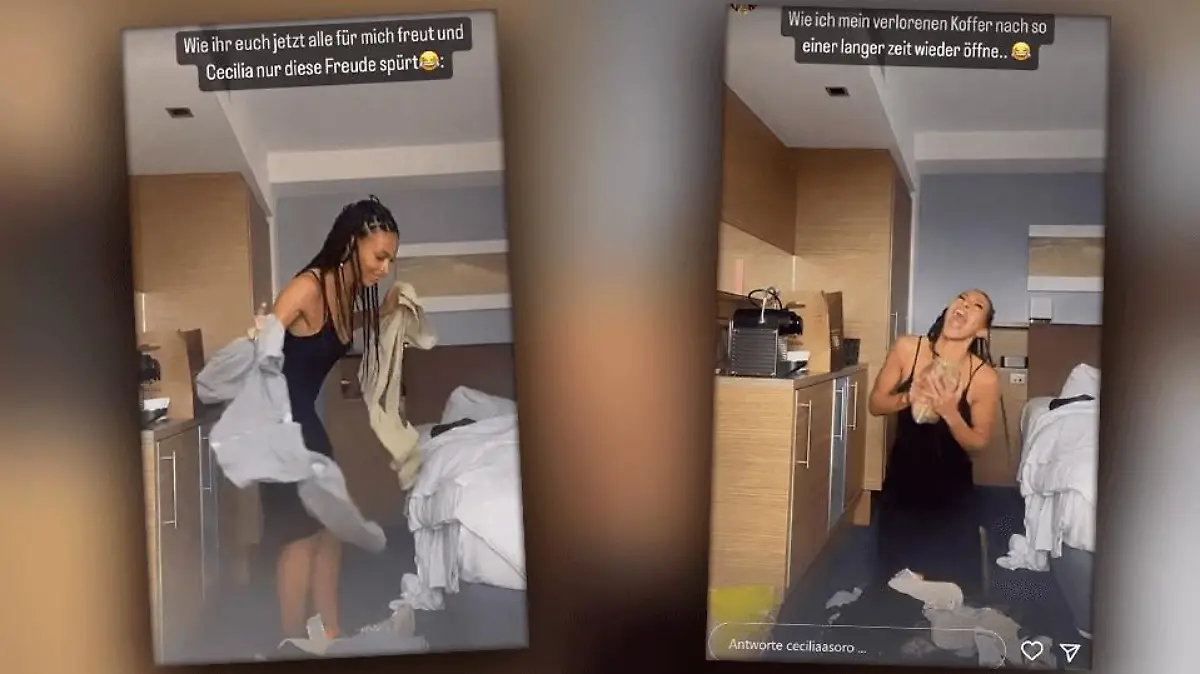 Dschungelcamperin Cecilia führt einen Freudentanz in ihrem Quarantäne-Hotelzimmer auf.