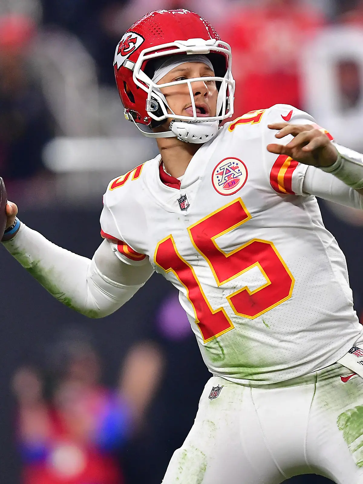 Jan 7, 2023; Paradise, Nevada, USA; Kansas City Chiefs quarterback Patrick Mahomes (15) throws against the Las Vegas Raiders during the second half at Allegiant Stadium. Mandatory Credit: Gary A. Vasquez-USA TODAY Sports