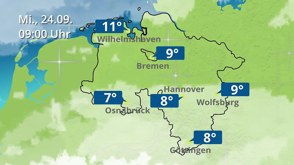 Bremen und Niedersachsen: Wie wird das Wetter? Regen- und Wolkenfilm für Hannover, Osnabrück und Wolfsburg