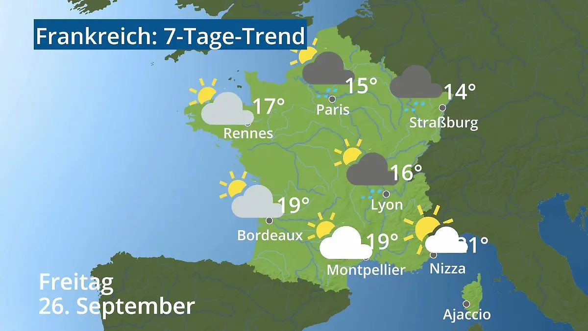 Frankreich: Wie wird das Wetter? Video 7-Tage-Trend: Paris, Straßburg, Nizza, Korsika