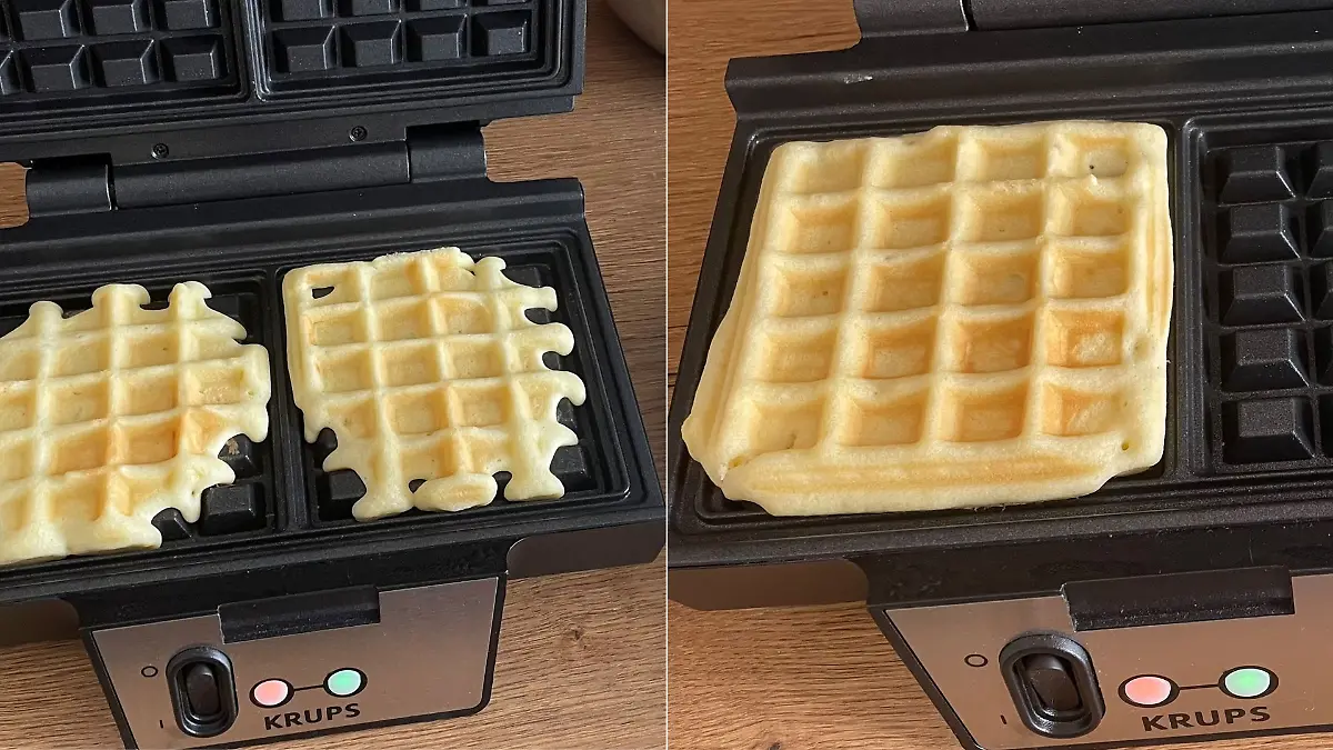 Belgische Waffeln links nicht ganz gelungen, rechts perfekt. 