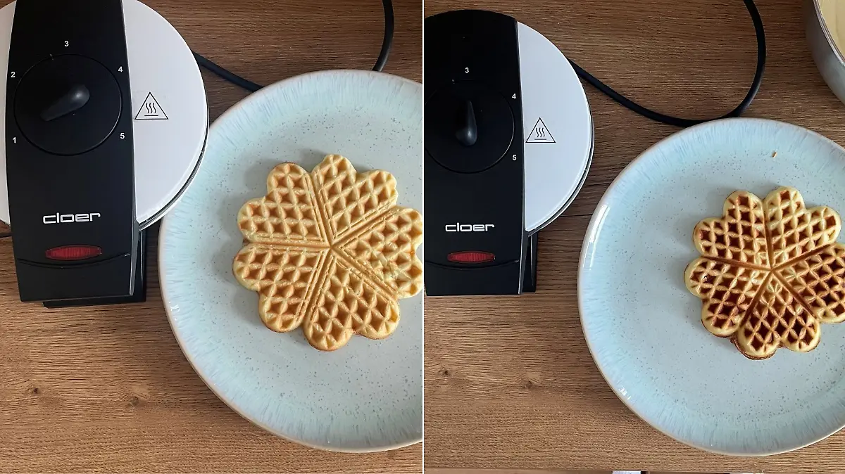 Zwei Waffeln mit unterschiedlichen Bräunungsstufen 