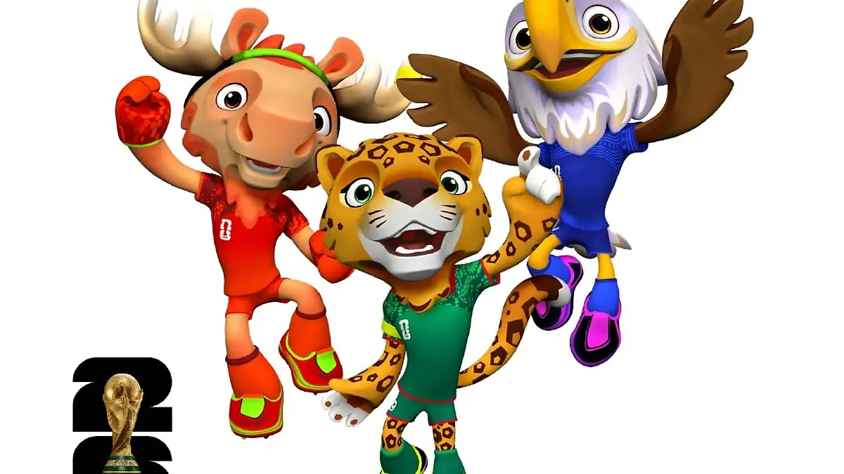 Maple der Elch (l), Zayu der Jaguar (M) und Clutch der Weißkopfseeadler (l) sind die Maskottchen der Fußball-WM 2026.