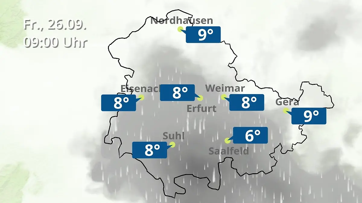 Thüringen: Wie wird das Wetter? Regen- und Wolkenfilm für Erfurt, Gera und Eisenach
