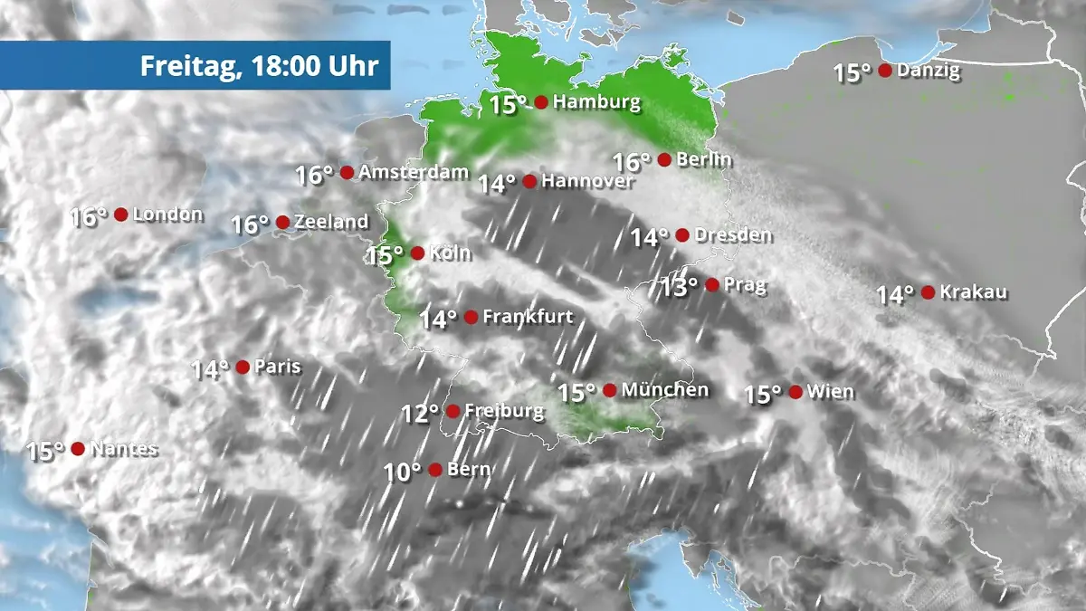 Regen im Südosten bis zur Mitte Der Regen- und Wolkenfilm für 48 Stunden