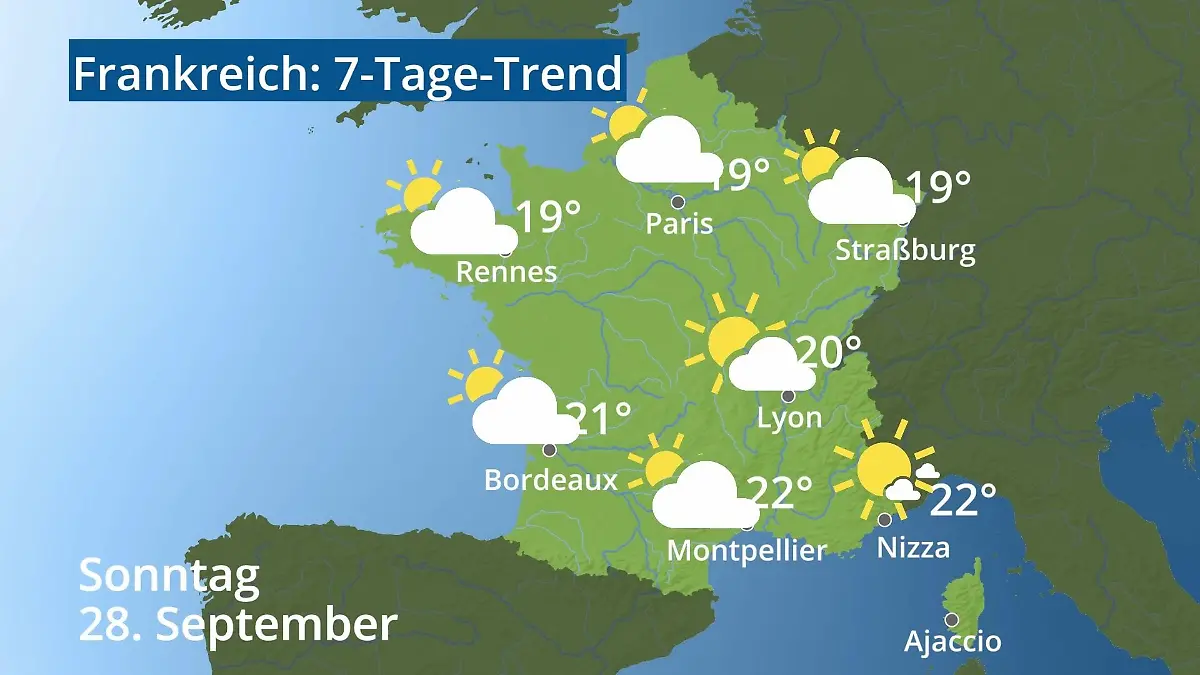 Frankreich: Wie wird das Wetter? Video 7-Tage-Trend: Paris, Straßburg, Nizza, Korsika