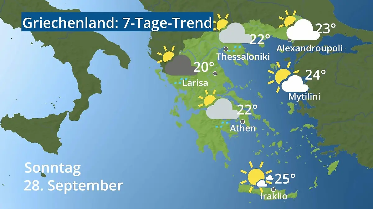 Griechenland: Wie wird das Wetter? Video 7-Tage-Trend: Athen, Kreta, Lesbos
