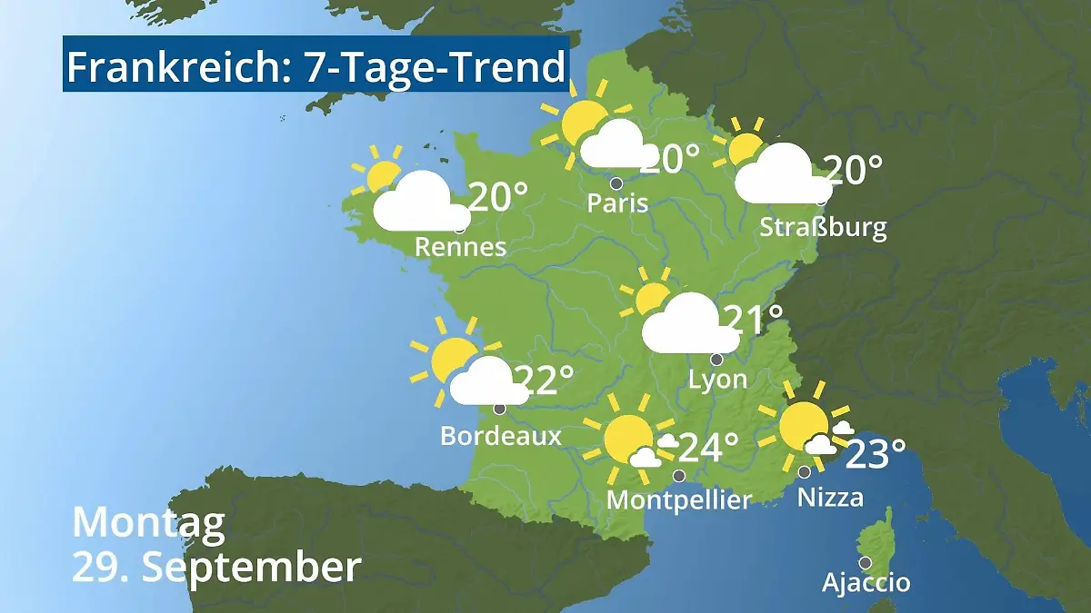 Frankreich: Wie wird das Wetter? Video 7-Tage-Trend: Paris, Straßburg, Nizza, Korsika