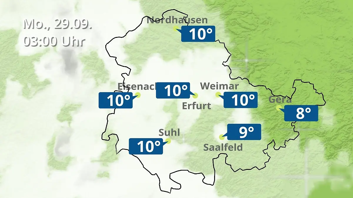 Thüringen: Wie wird das Wetter? Regen- und Wolkenfilm für Erfurt, Gera und Eisenach