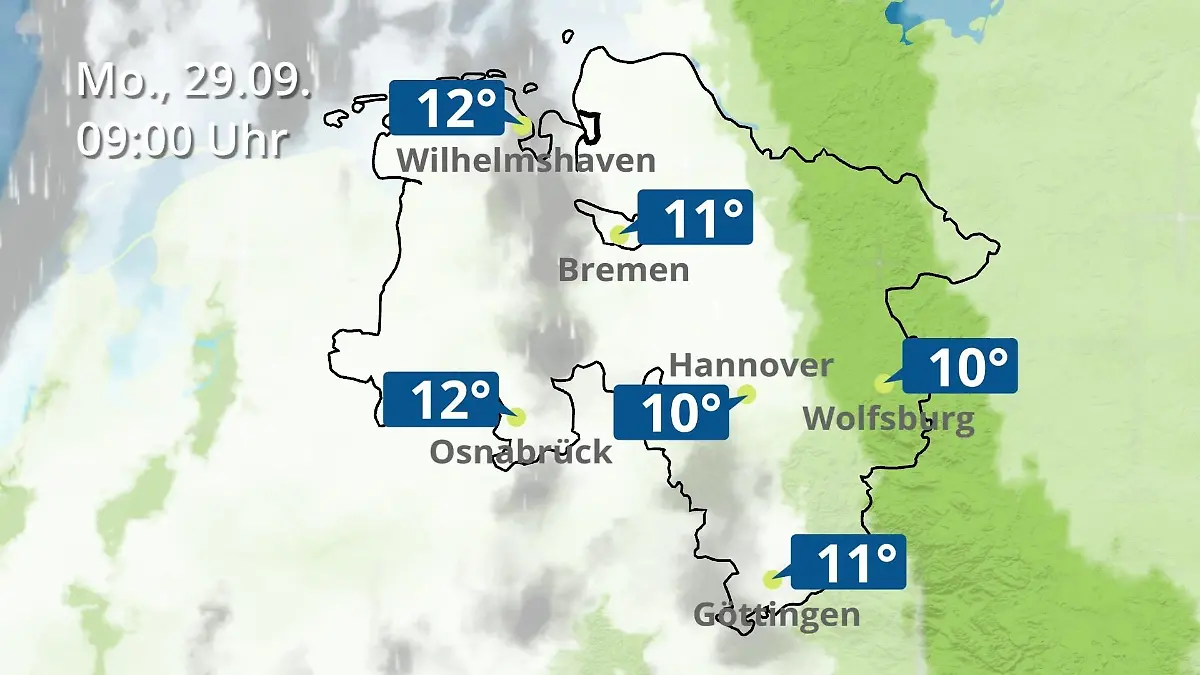 Bremen und Niedersachsen: Wie wird das Wetter? Regen- und Wolkenfilm für Hannover, Osnabrück und Wolfsburg
