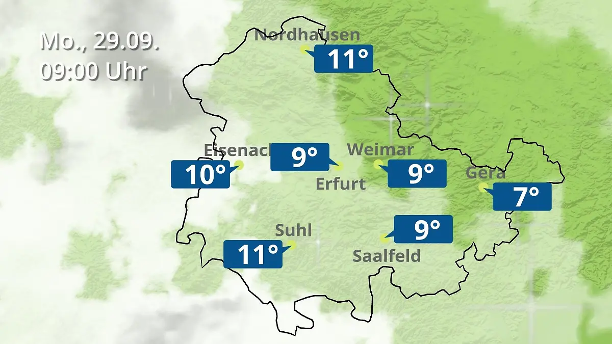 Thüringen: Wie wird das Wetter? Regen- und Wolkenfilm für Erfurt, Gera und Eisenach